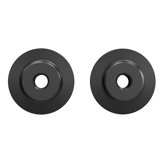 Two black circular objects with a central hole, placed side by side on a white background.