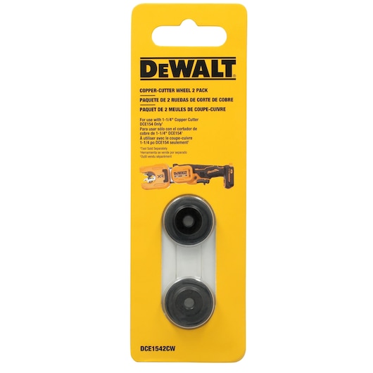 DEWALT copper-cutter wheel 2 pack (SKU: DCE1542CW) in retail packaging. The packaging is yellow with DEWALT branding and includes two black replacement wheels for use with 1-1/4 inch copper cutter DCE151 only.