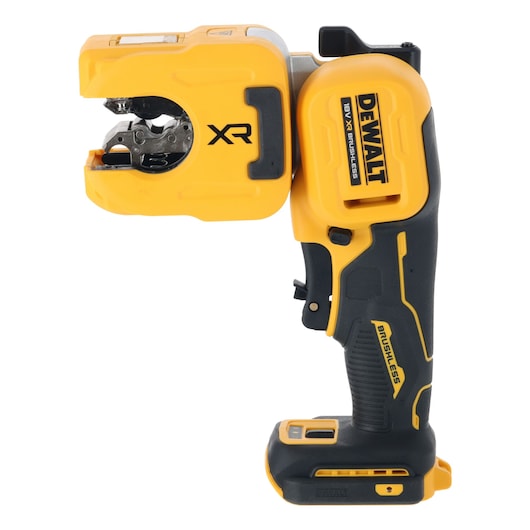 A DEWALT 18V XR brushless battery-powered tool, specifically a cable stripper, designed for professional use. It is yellow and black with the DEWALT branding visible on the tool body.