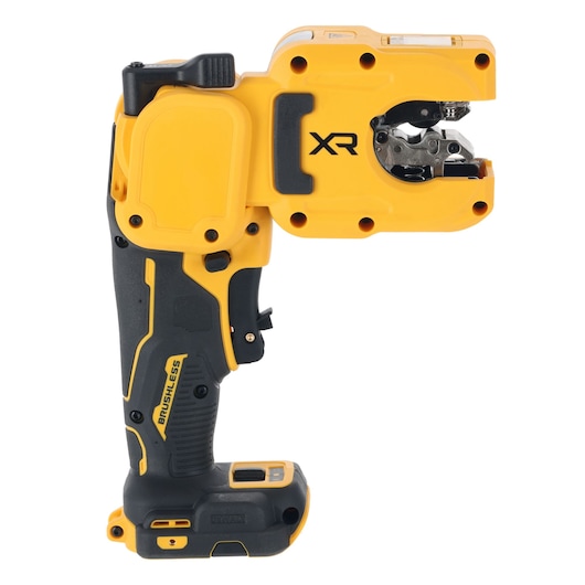 A yellow and black DEWALT cordless tool with a brushless motor, designed for crimping or cutting, featuring the XR logo and a compact, ergonomic grip.