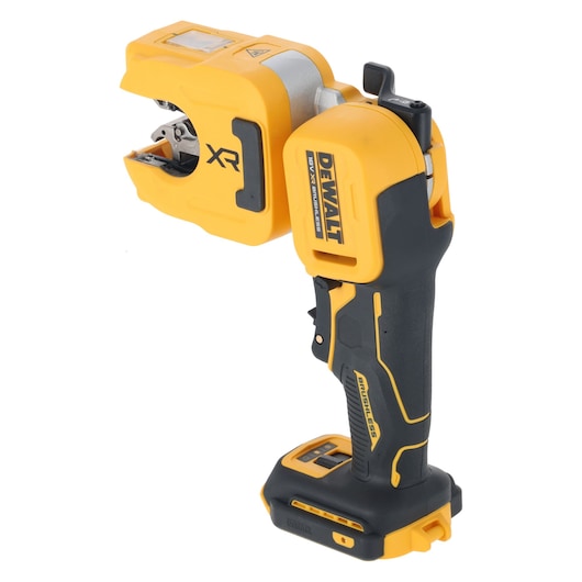 A DEWALT DCE154N 18V XR cordless brushless cable stripper tool, used for stripping insulation from electrical cables. The tool has a yellow and black colour scheme and a compact design intended for professional use.