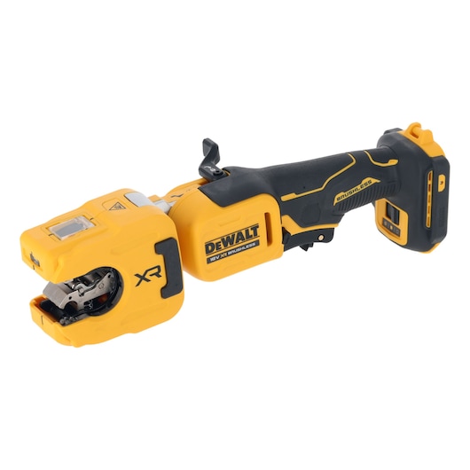 DEWALT DCE154N 18V XR brushless cable cutter tool with a yellow and black design, showing the cutting mechanism and ergonomic handle.