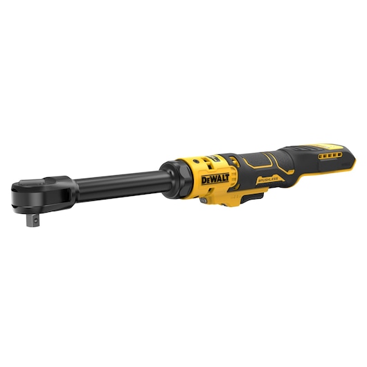 A DEWALT cordless ratchet tool with a yellow and black handle and a long, slim body. The tool features a brushless motor and is designed for tightening or loosening bolts and nuts.