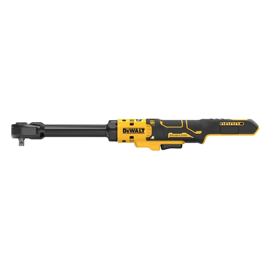 A DEWALT branded cordless brushless ratchet wrench tool, shown in a side profile against a white background. The tool is primarily yellow and black, with a long handle and a square drive socket head.