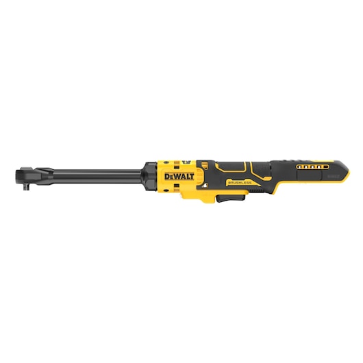 A DEWALT brushless cordless ratchet tool, featuring a yellow and black design with an elongated handle and compact head.