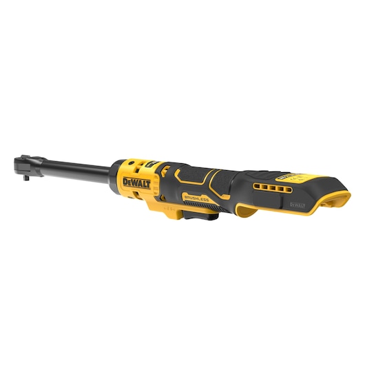 A DEWALT brushless cordless ratchet tool, featuring a long handle with a yellow and black design, intended for professional fastening and loosening tasks.