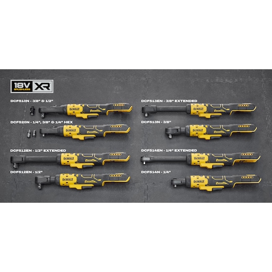 Eight different DEWALT cordless ratchet tools are displayed side by side on a gray surface, all in black and yellow color scheme. Each tool is labeled with its model number and drive size; from top left to bottom: DCF510N (3/8" & 1/2"), DCF520N (1/4", 3/8" & 1/4" HEX), DCF512EN (1/2" EXTENDED and 1/2"), DCF513EN (3/8" EXTENDED and 3/8"), DCF514EN (1/4" EXTENDED and 1/4"). The 18V XR brushless logo appears on the left. The tools are intended for fastening applications.