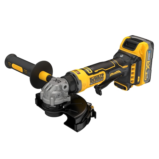 A DEWALT cordless angle grinder with a black and yellow design, showing its ergonomic handle, battery pack, and protective guard.