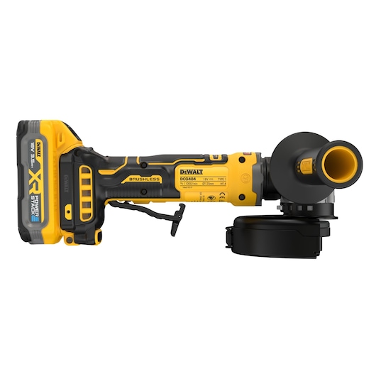 A DEWALT cordless angle grinder with a brushless motor, shown in yellow and black colors, featuring a side handle and battery pack.