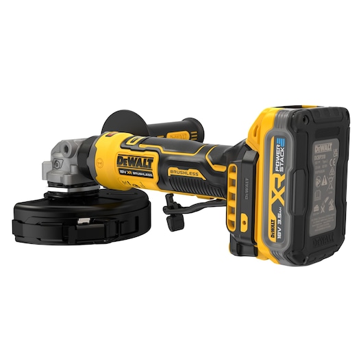 A DEWALT cordless angle grinder with a brushless motor and XR Powerstack 18V 3.5Ah battery, featuring a black and yellow design.