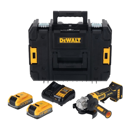 DEWALT cordless angle grinder kit, including a black and yellow tool case, two rechargeable batteries, a battery charger, and the angle grinder tool.