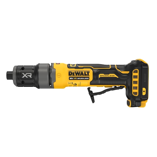 A DEWALT 18V XR brushless cordless die grinder, featuring a yellow and black design with ergonomic grip and labeled XR and Brushless on the tool body.