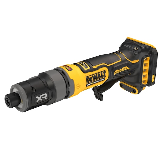 A DEWALT cordless brushless die grinder, model DCG420N, featuring a black and yellow design with XR branding. The tool is shown angled to display the handle, battery compartment, and grinding head.
