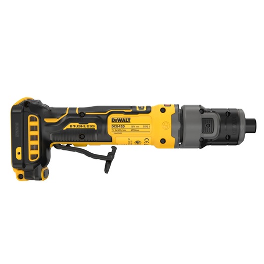 A DEWALT DCG420N 18V brushless cordless tool, featuring a black and yellow ergonomic design, shown against a white background.