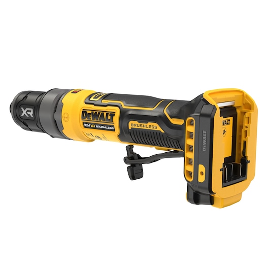 A yellow and black DEWALT 18V XR brushless cordless power tool with a cylindrical front and battery compartment on the back, designed for precision cutting or grinding.