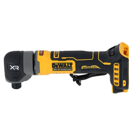 A DEWALT 18V XR brushless cordless angle die grinder, black and yellow, with ergonomic handle and trigger switch. The tool is photographed isolated on a white background.