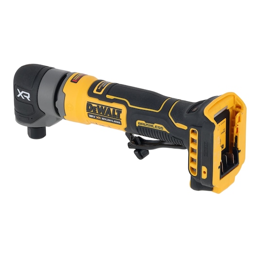A DEWALT 18V XR brushless cordless angle grinder, shown without a battery, with a yellow and black design.