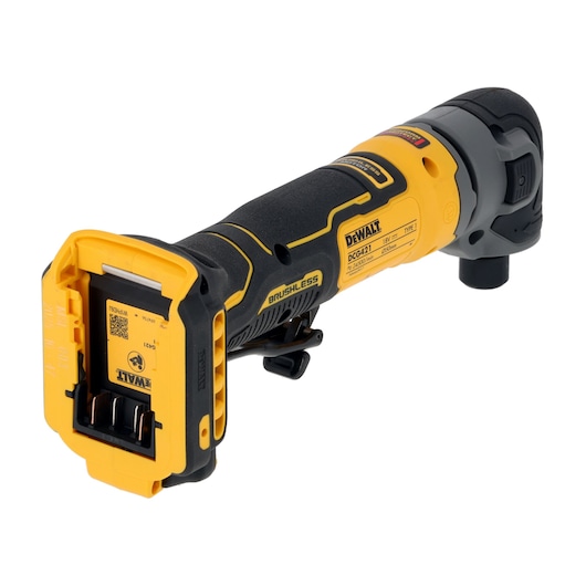 Cordless DEWALT DCG421N brushless power tool with a yellow and black body, designed for professional use, shown without battery attached.