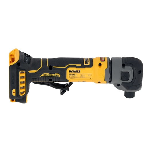 A DEWALT DCG421N cordless brushless angle grinder in black and yellow, shown from the side with clear branding and technical details visible on the body.